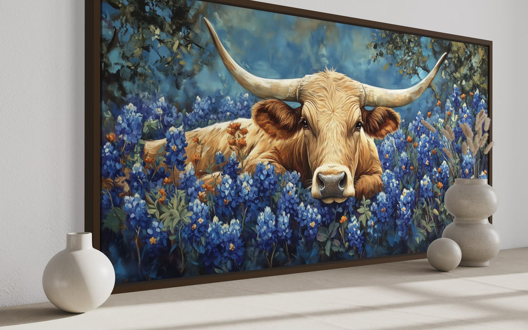 Longhorn in Bluebonnets Rustic Farmhouse Canvas Wall Art side view