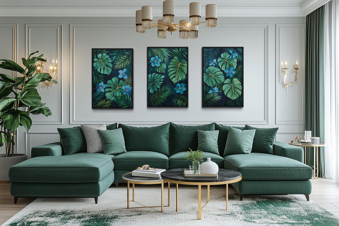 Rainforest Canvas Wall Art – Set of 3 Tropical Botanical Prints | Green Gold Blue