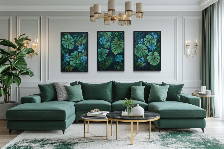 Rainforest Canvas Wall Art – Set of 3 Tropical Botanical Prints | Green Gold Blue