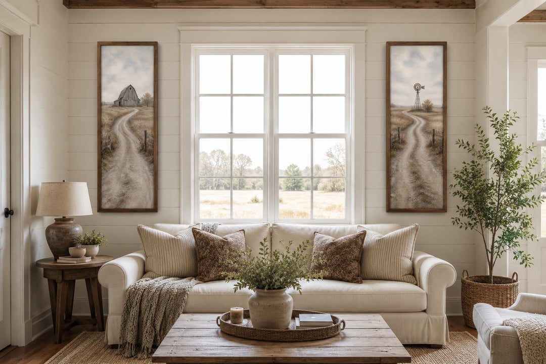 Set of 2 tall narrow farmhouse wall art panels featuring country roads with a barn and windmill.