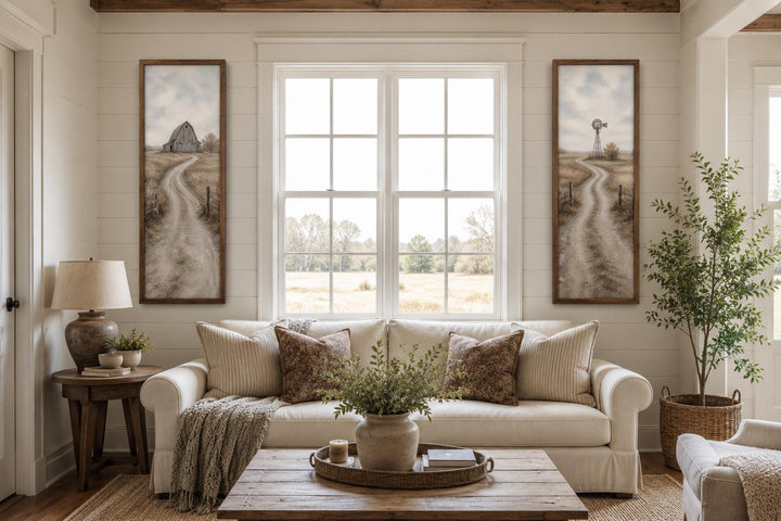 Set of 2 tall narrow farmhouse wall art panels featuring country roads with a barn and windmill.