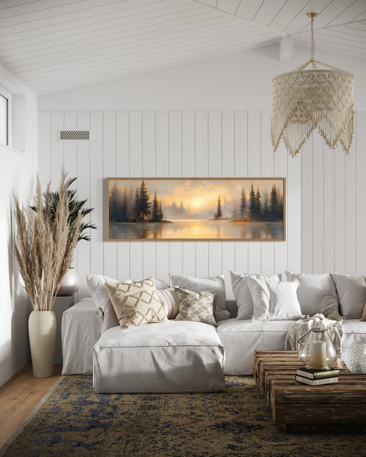 Sunrise Over Misty Lake Panoramic Over Bed Canvas Wall Art in living room