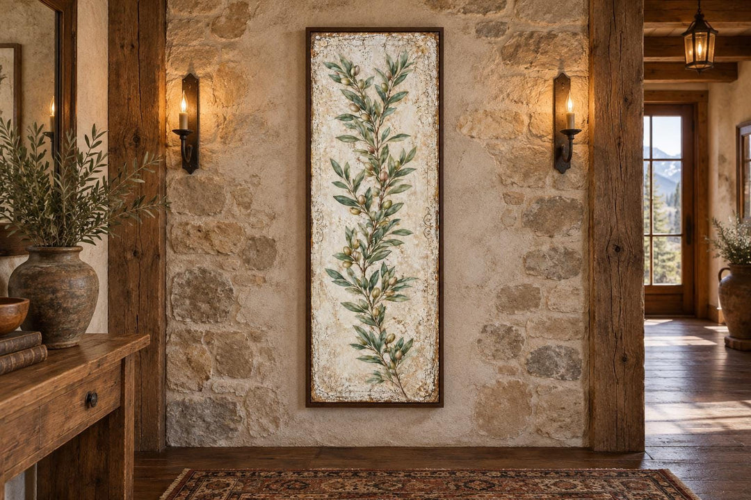 Tall vertical canvas wall art featuring a green olive branch on a textured, aged cream background.