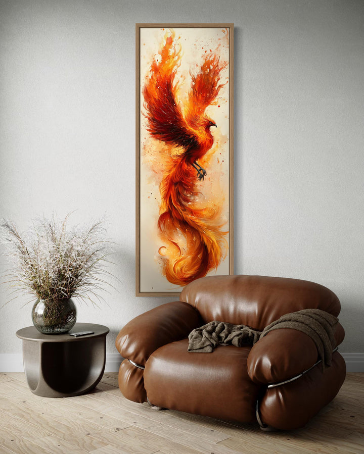 Tall Narrow Orange Beige Phoenix Framed Canvas Wall Art