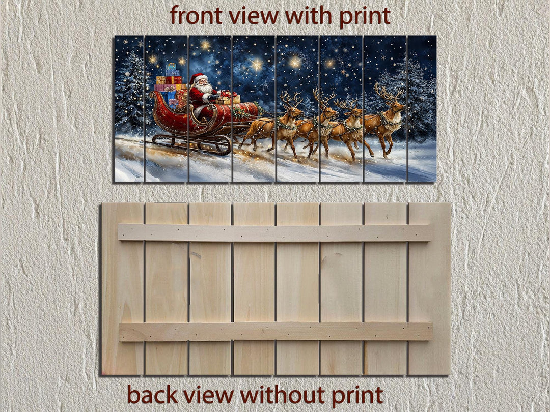 Christmas Wall Art - Rustic Santa Claus In Sleigh and Reindeer Distressed Wood Wall Art