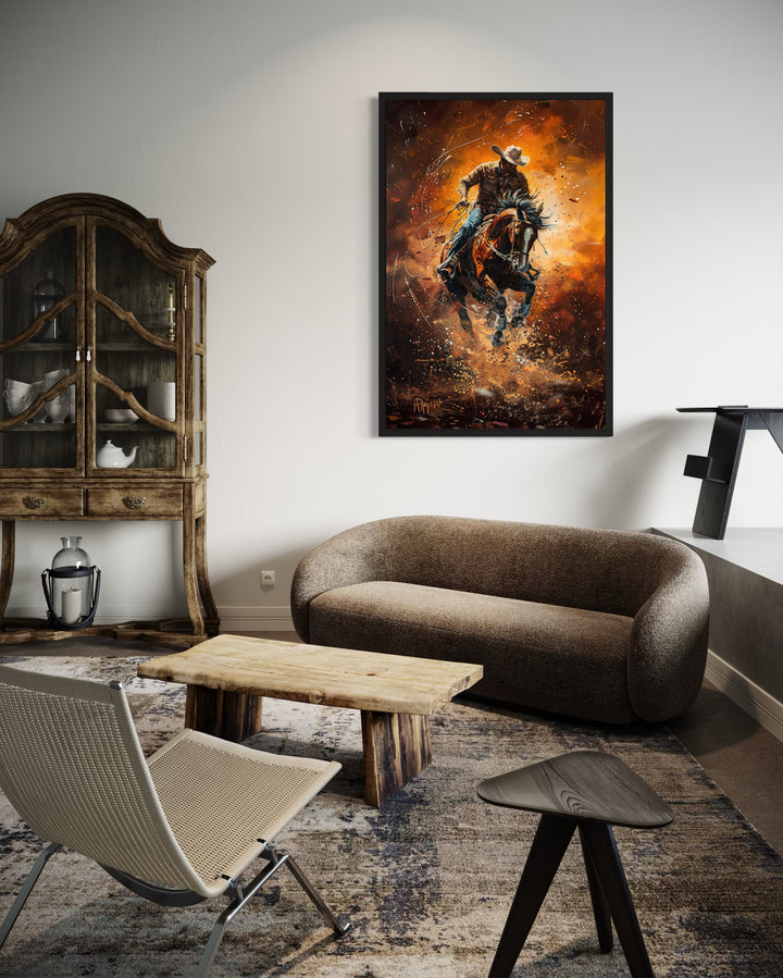 Rodeo Cowboy Riding Bucking Bronco Western Canvas Wall Art in rustic room