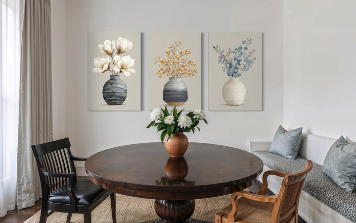 Dining Room Wall Art – Neutral Floral Canvas Set | Modern Minimalist Botanical Prints