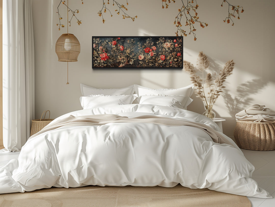 Long Narrow Horizontal Vintage Framed Wall Tapestry On Canvas over a bed with a white comforter