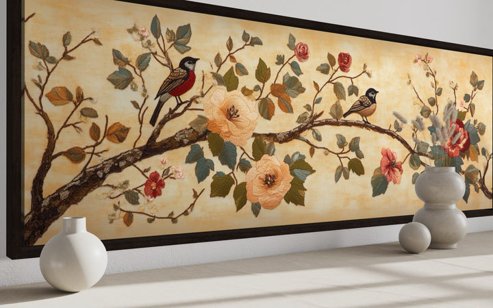 Birds On A Branch Long Horizontal Antique Framed Tapestry Canvas Wall Art side view