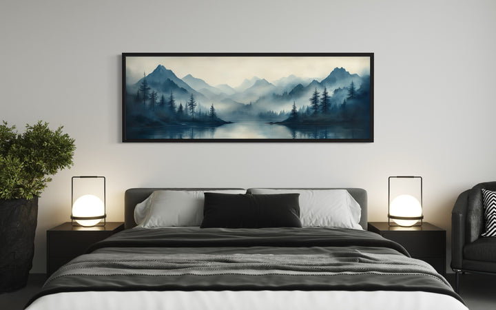 Navy Blue Mountain Lake Landscape Long Horizontal Above Bed Framed Canvas Wall Art above man's bed