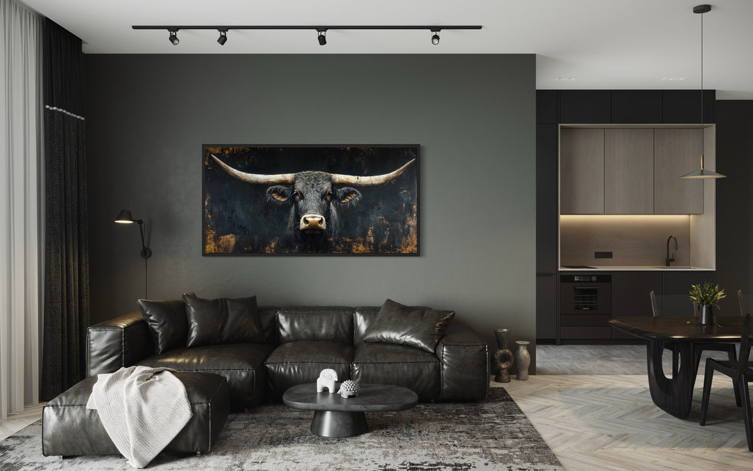 Black Texas Longhorn Head On Black Background Framed Canvas Wall Art in living room