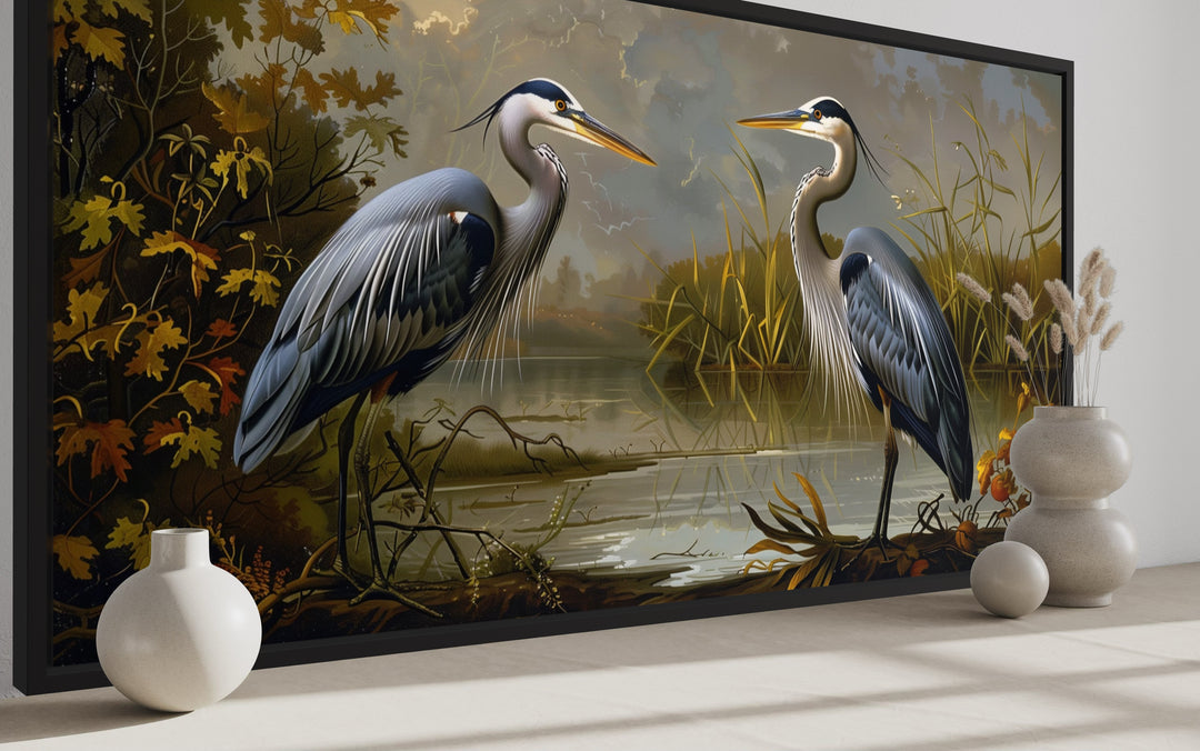 Two Blue Herons On The Lake Framed Canvas Wall Art side view