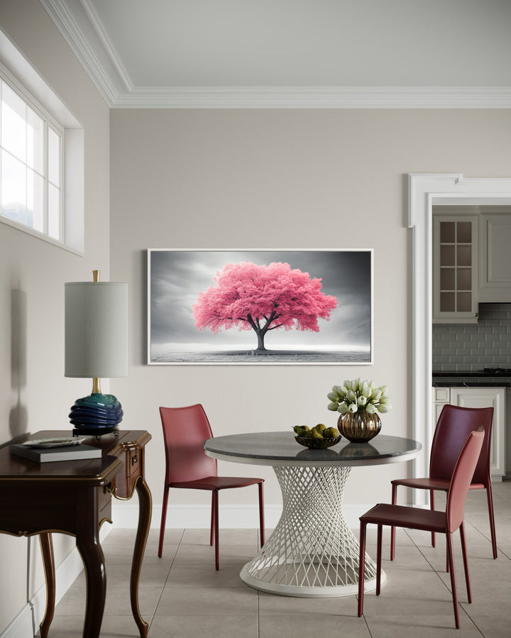 Pink Tree on Black White Background Extra Large Framed Canvas Wall Art in living room