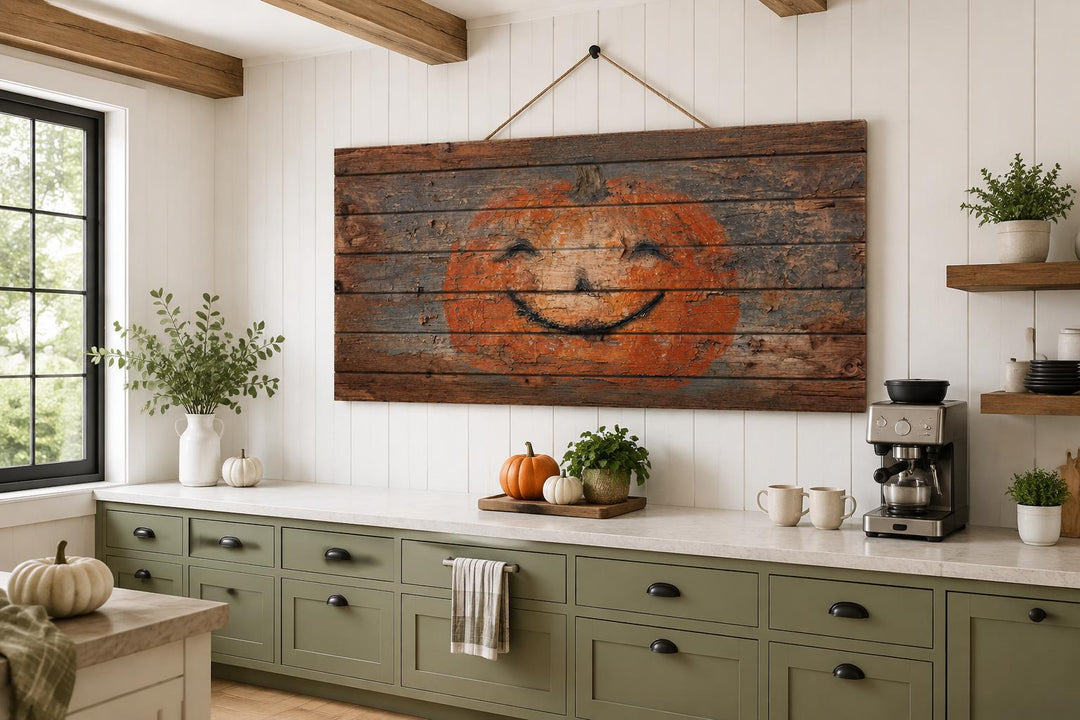 Primitive pumpkin wall art on distressed wood planks with a rope hanger in a farmhouse kitchen.