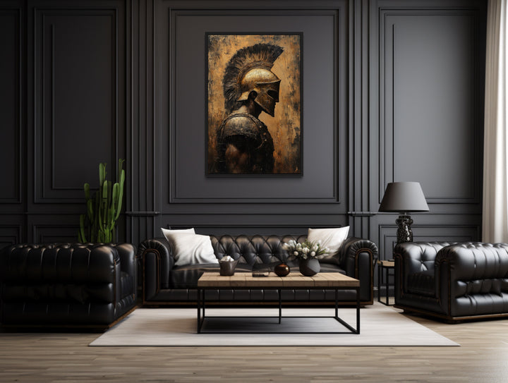 Spartan Warrior Gold Black Profile Framed Canvas Wall Art in a living room filled with black leather furniture