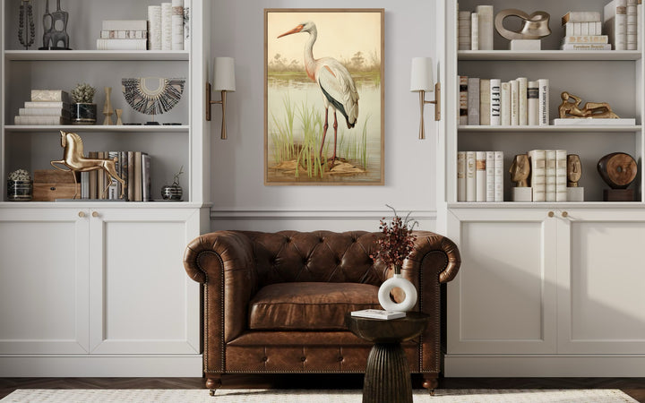 Vintage Stork Painting Coastal Framed Canvas Wall Art