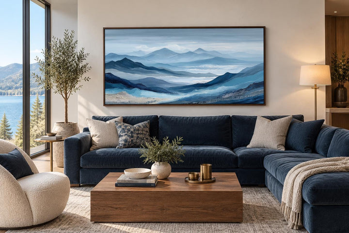 Blue Mountain Serene Nature Landscape Canvas Wall Art above a navy blue sectional sofa.