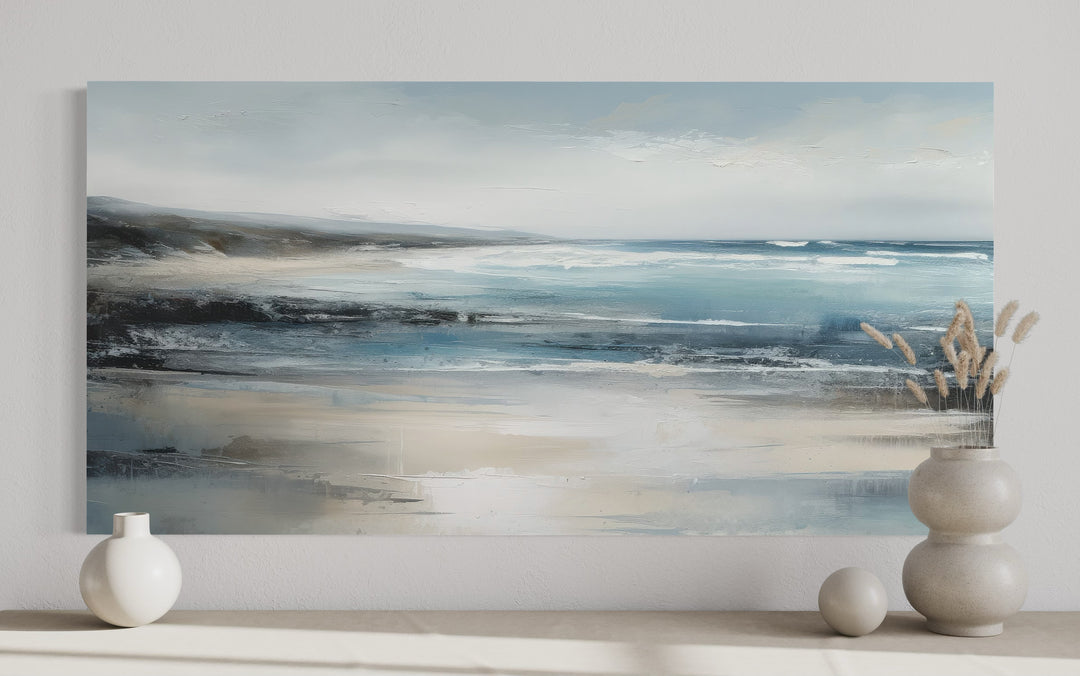 Calm Minimalist Abstract Blue Gray Ocean Coastal Framed Canvas Wall close up