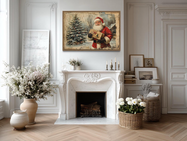 Vintage Santa With Christmas Tree and Gifts Framed Canvas Wall Art