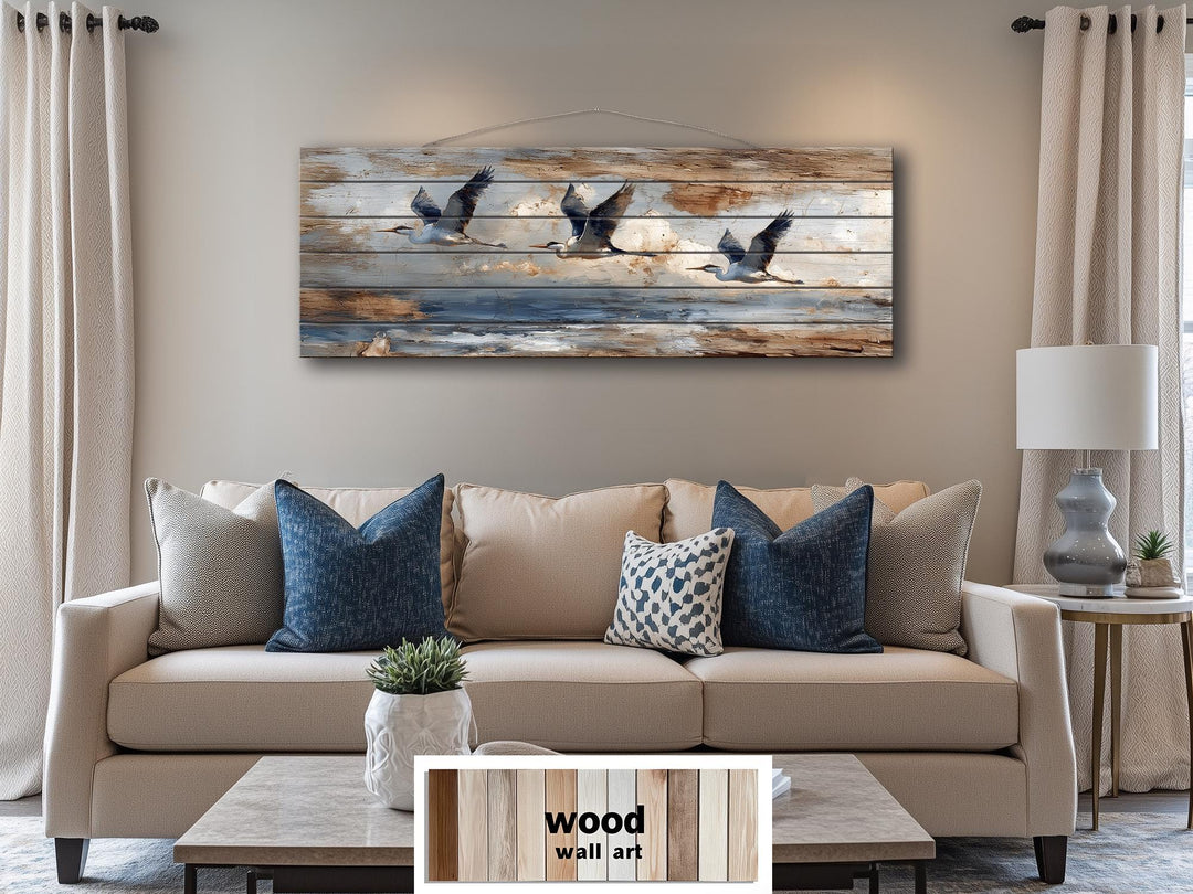 Flying Herons Distressed Wall Art on Wood Planks - Rustic Coastal Bird Decor for Beach Houses