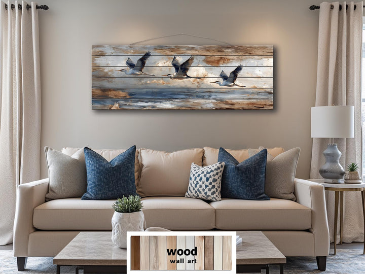 Flying Herons Distressed Wall Art on Wood Planks - Rustic Coastal Bird Decor for Beach Houses