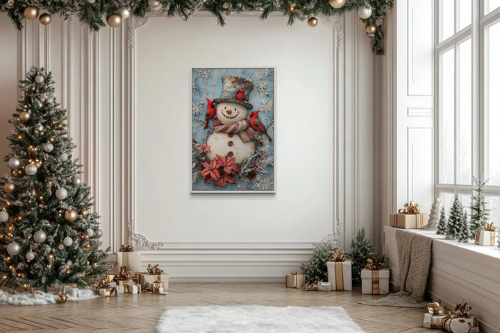 Snowman With Red Cardinals Framed Canvas Wall Art in christmas room