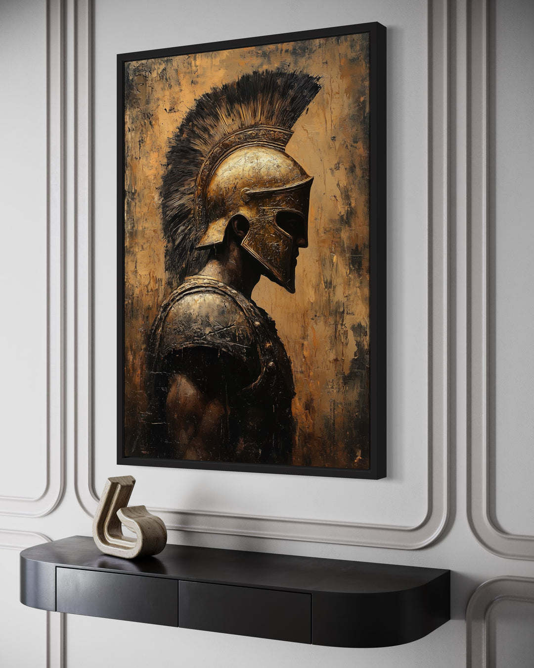 Spartan Warrior Gold Black Profile Framed Canvas Wall Art close up