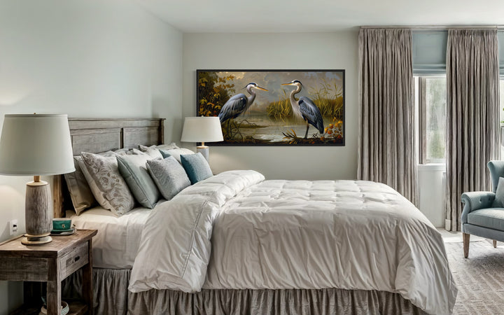 Two Blue Herons On The Lake Framed Canvas Wall Art in bedroom