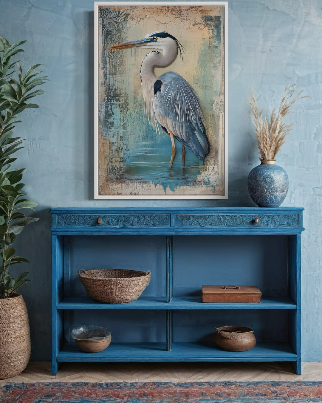 Blue Heron Wading In Water Rustic Coastal Framed Canvas Wall Art above kitchen cabinets