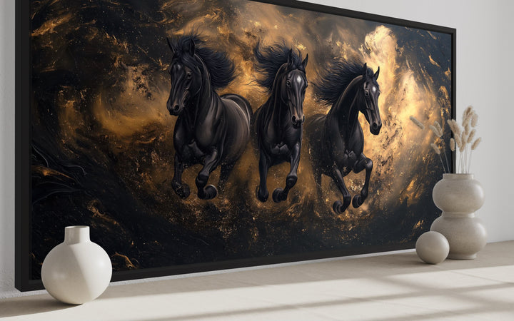 Three Running Stallions On Black Gold Background Framed Canvas Wall Art side view