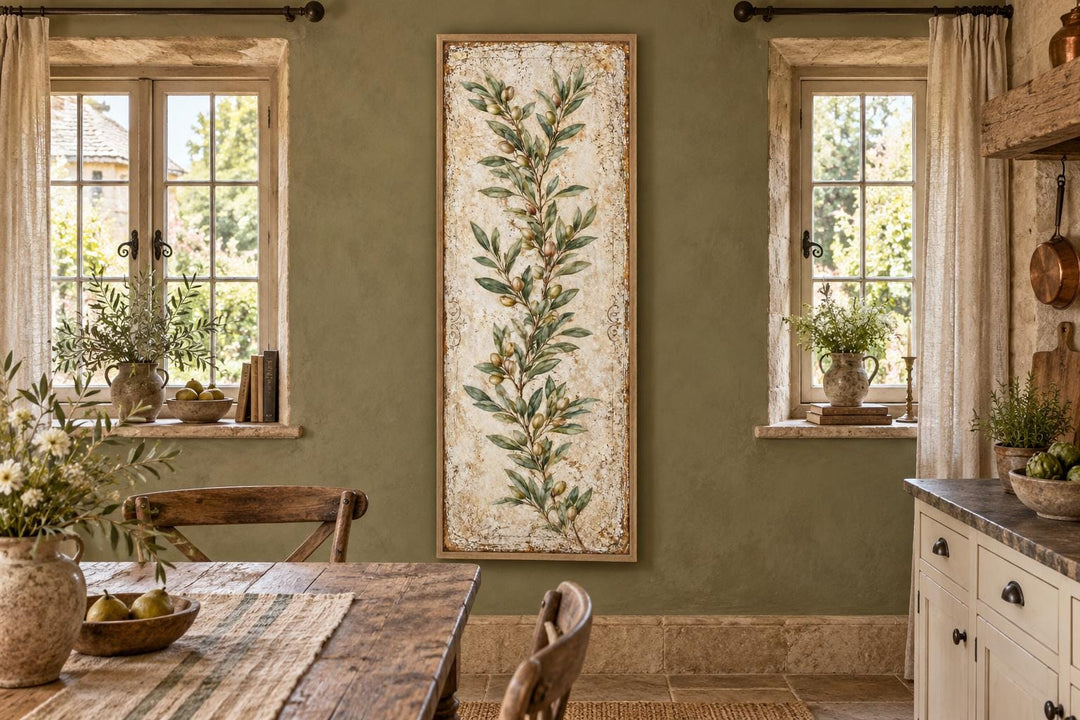 Tall vertical canvas wall art featuring a green olive branch on a textured, aged cream background.