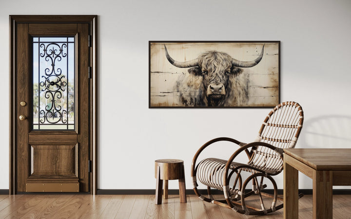Highland Bull Painting On Wood Rustic Farmhouse Wall Art in a room with a chair, table