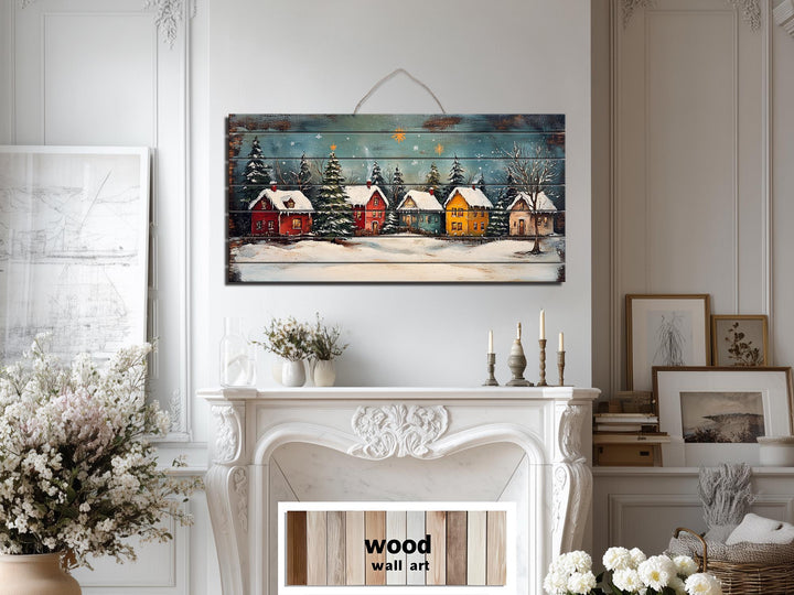 Rustic Christmas Winter Village Distressed Wood Wall Art