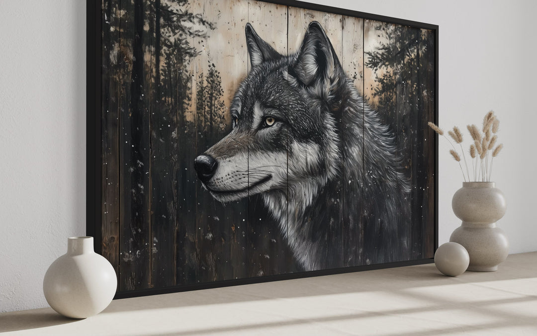 a painting of a wolf on a wood panel