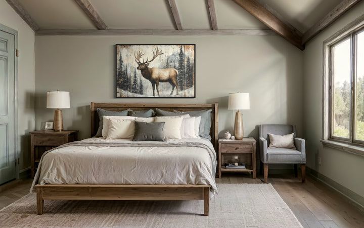 Elk In Winter Fir Tree Forest Painted On Wood Rustic Framed Canvas Wall Art above bed