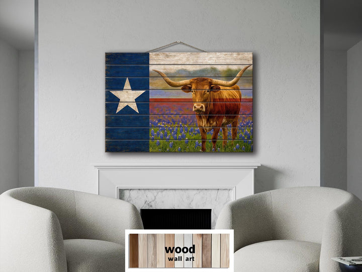 Texas Flag, Bluebonnets and Longhorn Mashup Distressed Wood Wall Art