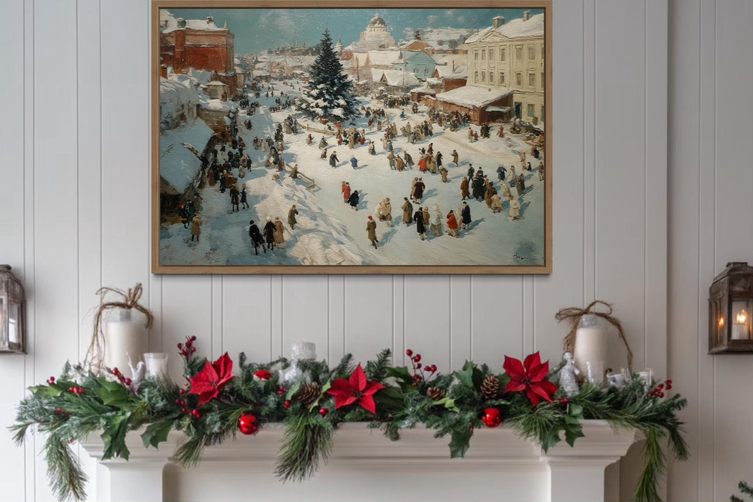 Antique Winter Village Christmas Market Scene Canvas Wall Art