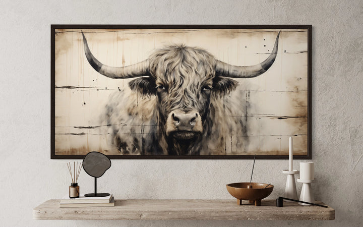Highland Bull Painting On Wood Rustic Farmhouse Wall Art on a wall above a shelf