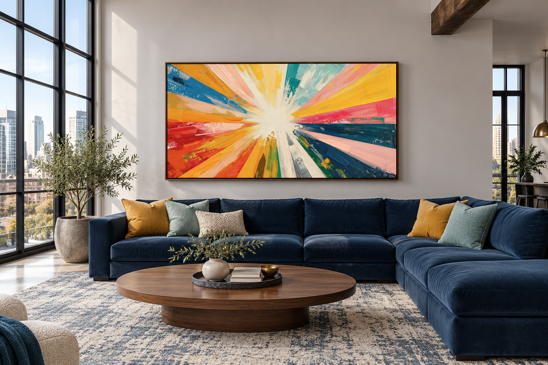 Boho Sun Rays Wall Art, a multicolored framed canvas print above a blue sofa in a modern living room.