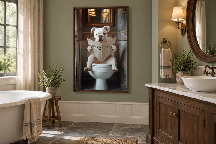 Framed wall art of an American Bulldog sitting on a toilet reading a newspaper in a bathroom.
