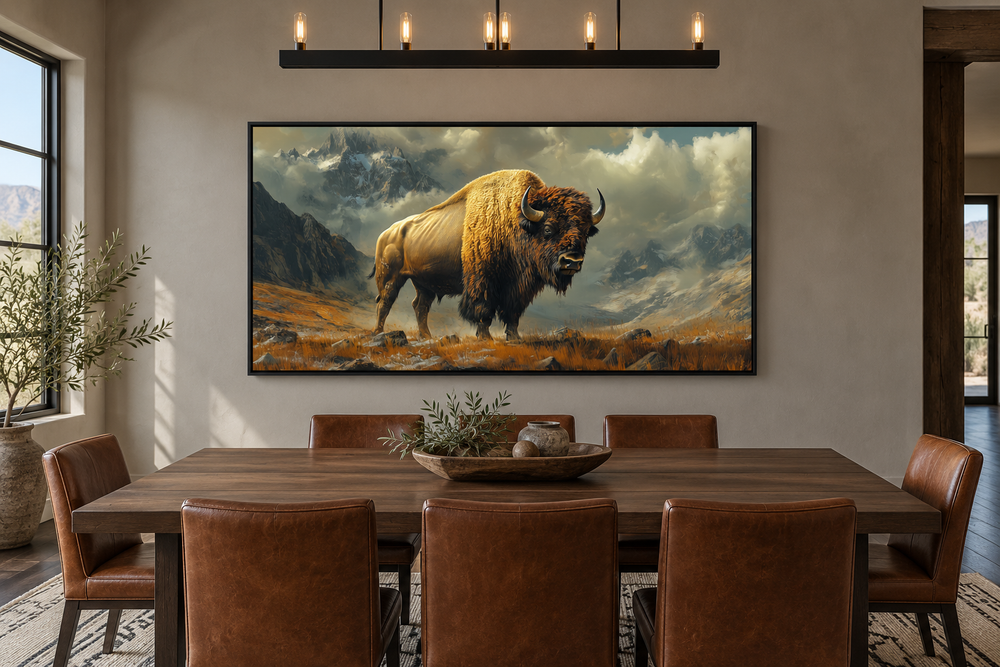 American Bison in Mountains framed canvas wall art hanging above a rustic wooden dining table.