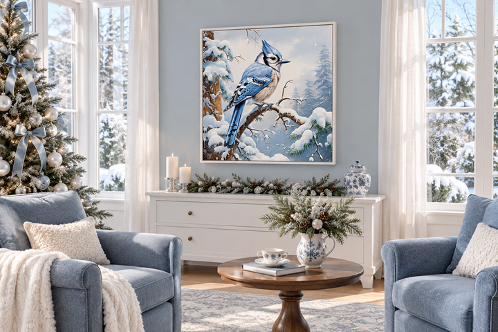 Blue Jay In Snow Winter Framed Canvas Wall Art For Christmas Decor