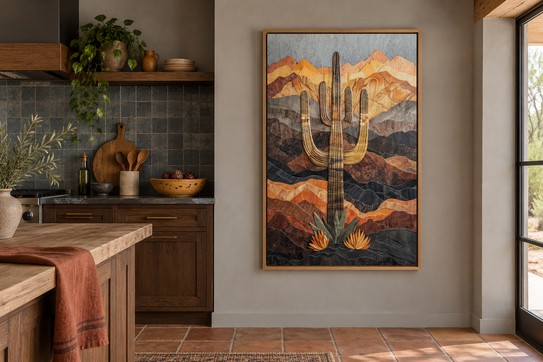 Saguaro cactus in the desert wood style southwestern wall art in a wooden frame on a kitchen wall.
