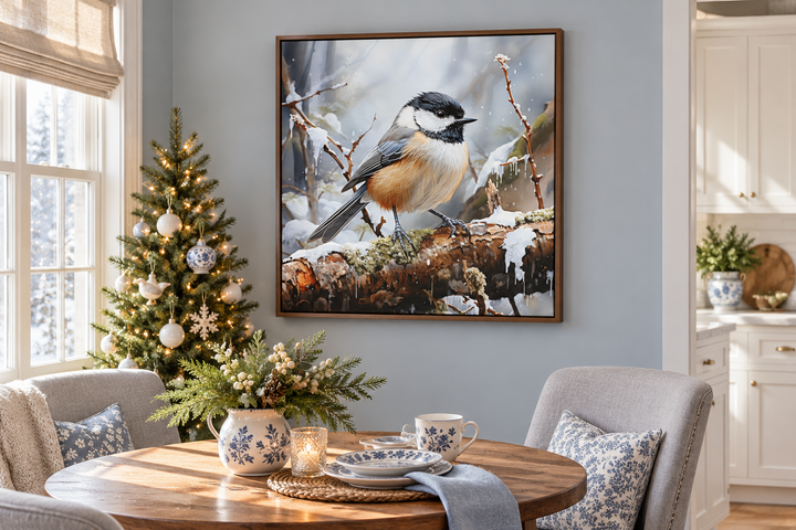 Toile encadrée représentant une mésange dans la neige en hiver 