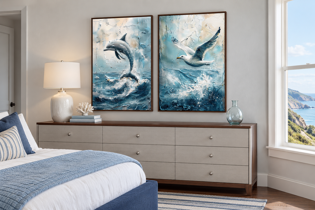 Set of 2 framed canvas wall art featuring an abstract dolphin and seagull in coastal blue tones.