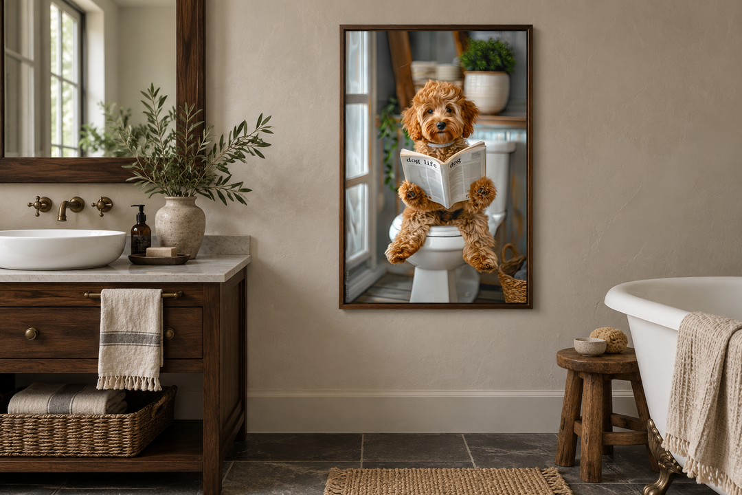 Framed wall art of a Cockapoo dog sitting on a toilet reading a newspaper in a rustic bathroom.