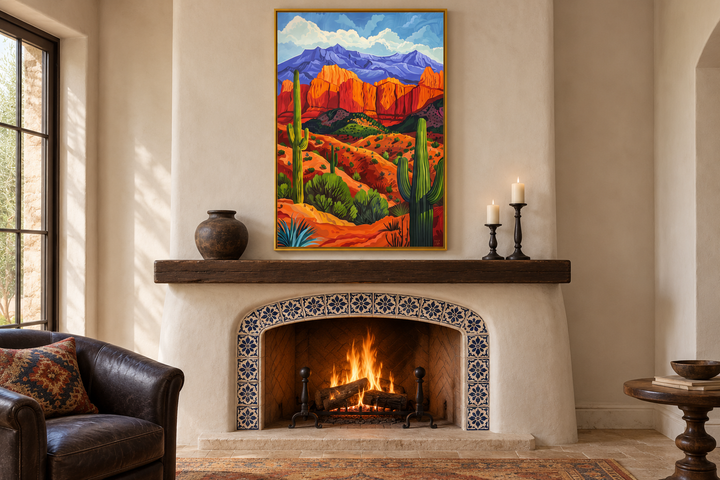 Colorful desert and saguaro cactus framed canvas wall art hanging above a fireplace.