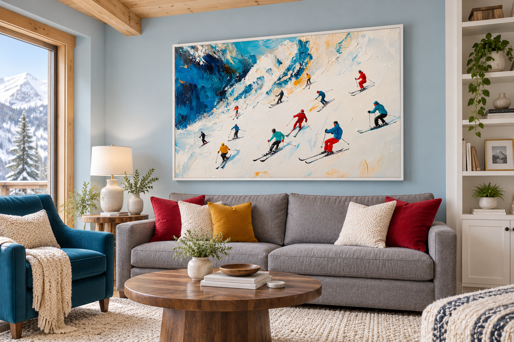 Colorful Skiers on Mountain Slope Framed Canvas Wall Art hanging above a gray sofa in a cozy room.
