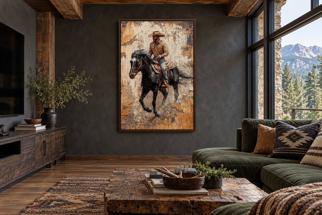 Rustic cowboy on horseback canvas wall art in a walnut frame, hung in a dark, modern living room.