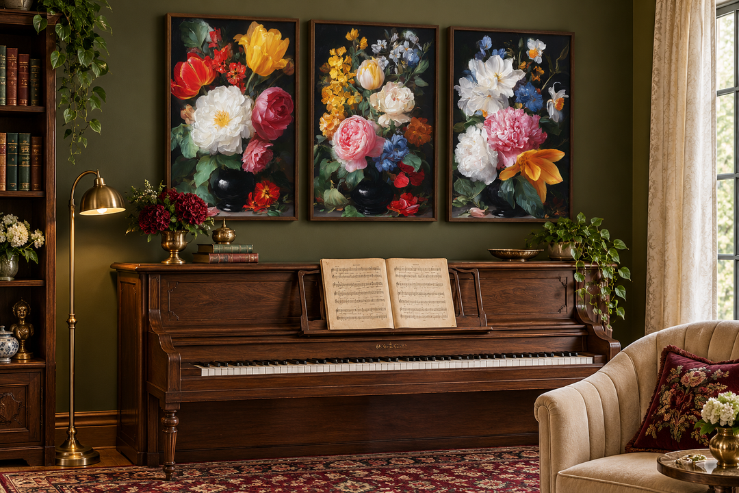 Set of 3 dark academia vintage botanical floral canvas prints hanging above a wooden piano.